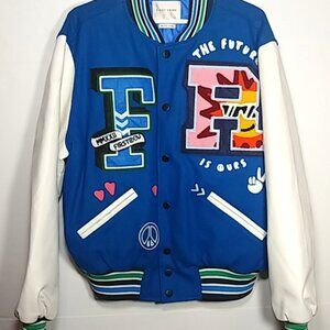 First Row Varsity Jacket Medium Blue Streetwear Patchwork Snap Front Unisex